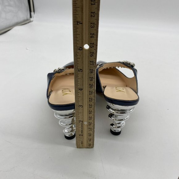 YDN blue patent leather pointy toe sliver spiral low heels slingback shoes - Picture 5 of 7